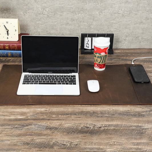 Tapis de bureau en cuir personnalisable – Avec chargeur sans fil Qi intégré