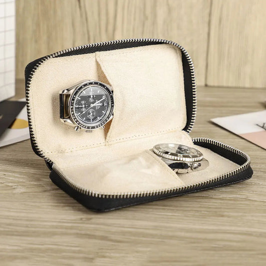 Étui de voyage personnalisable en cuir – Porte-montres 2 places avec fermeture éclair