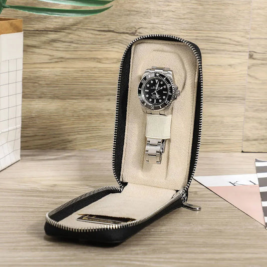 Étui à montre en cuir personnalisable – 1 emplacement avec fermeture éclair et porte-cartes