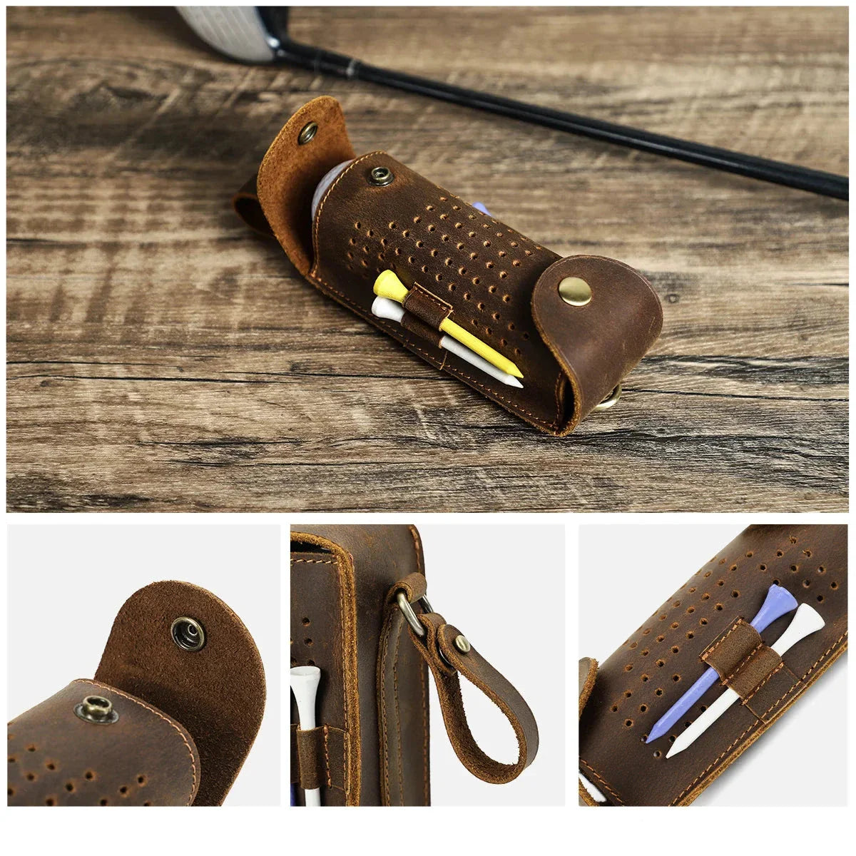 Étui  pour balles et tees de golf en cuir – Pochette ceinture marron2